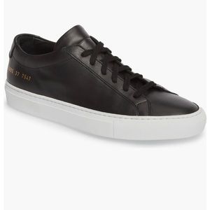 Common Projects Achilles low top sneaker. Black leather with white sole, Size 37